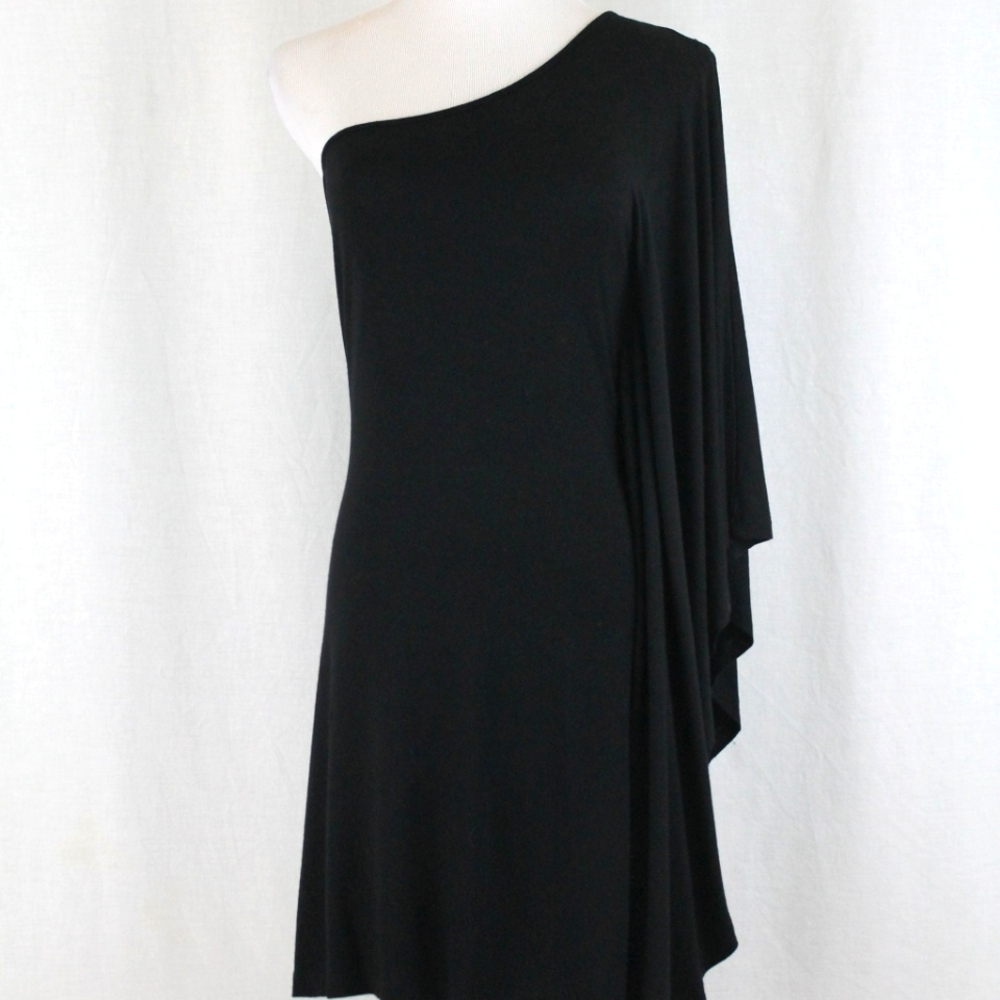 EXPRESS Black Rayon Jersey Grecian Toga One Shoulder dress Halston HOT Y2k XS
